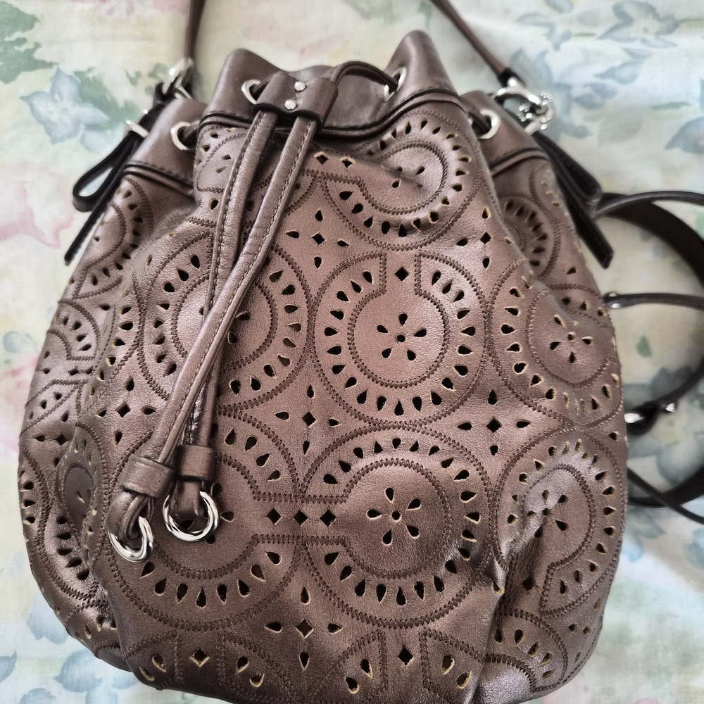 Coach Copper Metallic Leather Drawstring Crossbody Bag Laser Cut Lace Design
